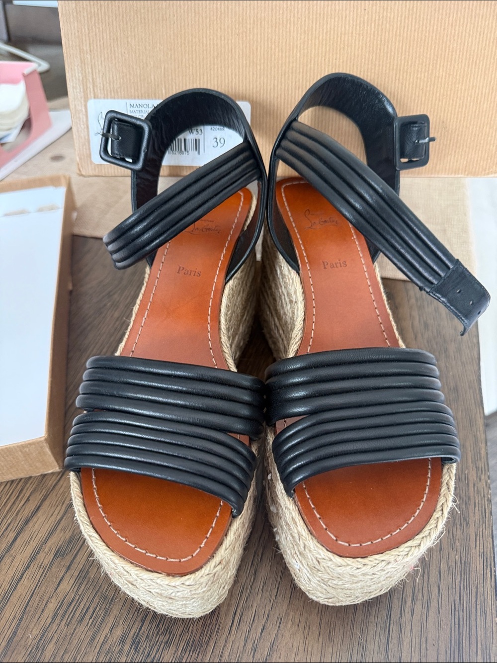 Christian Louboutin Black Leather Espadrille Wedge Sandals 39 MANOLA ZEPPA 90